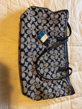 Coach Signature Canvas Tote in Navy and Khaki with Black Trim